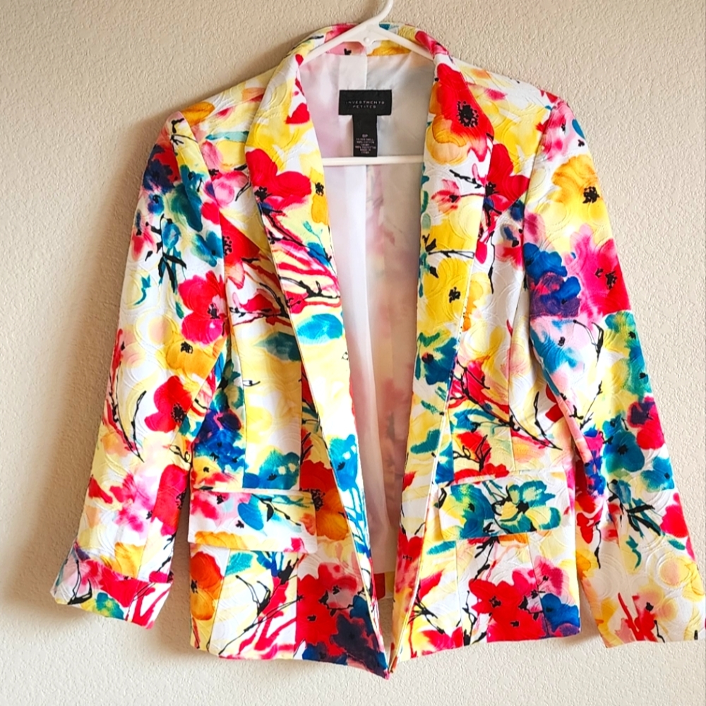 Investments Petites Floral Blazer - Pink, Yellow, Teal, Size 8P